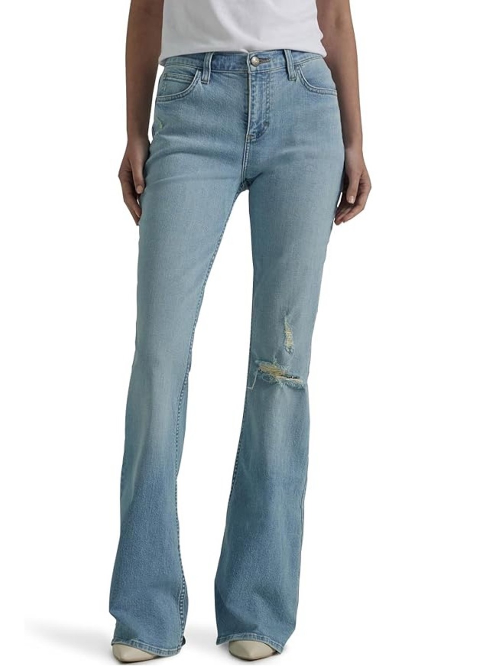 Lee Women's Light Blue High-Rise Flare Jeans with Knee Rip